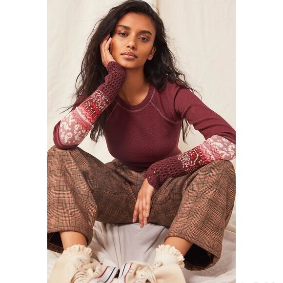 NWT|Free People In The Mix Red Cuff Long Sleeve Thermal Top, SMALL - Picture 1 of 8